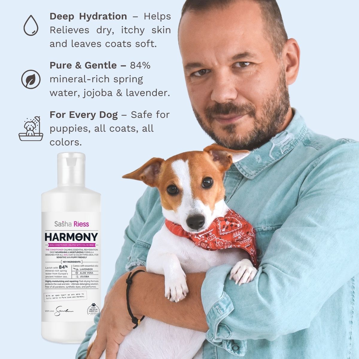 Sasha Riess Harmony Conditioner for Dogs, Puppies & Sensitive Skin, Gentle All-Natural Deep Hydrating Formula with Jojoba Oil & Lavender