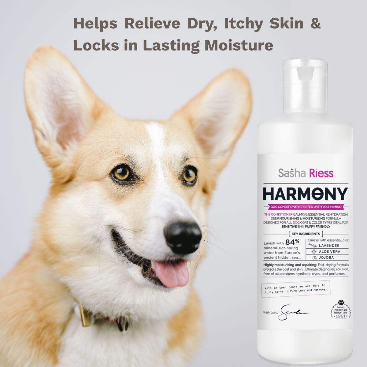 Sasha Riess Harmony Conditioner for Dogs, Puppies & Sensitive Skin, Gentle All-Natural Deep Hydrating Formula with Jojoba Oil & Lavender