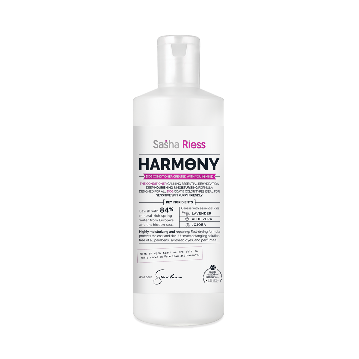 Sasha Riess Harmony Conditioner for Dogs, Puppies & Sensitive Skin, Gentle All-Natural Deep Hydrating Formula with Jojoba Oil & Lavender